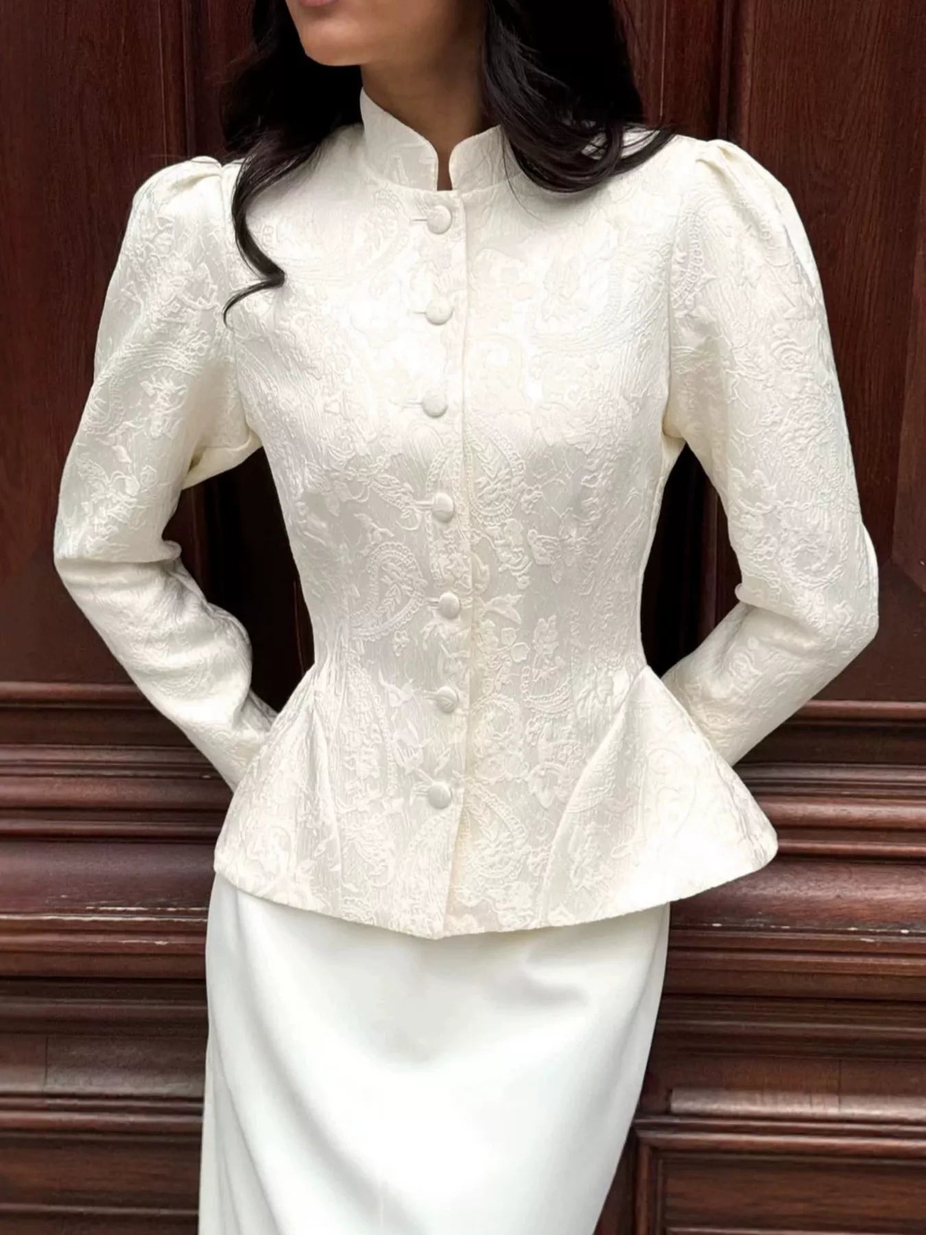 Jacquard Peplum Puff Sleeve Outerwear – RITA'S PLACE SHOP
